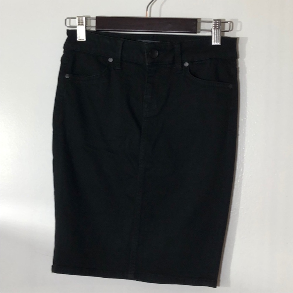 90s Elevated Black Stretch Denim Column Midi Skirt
